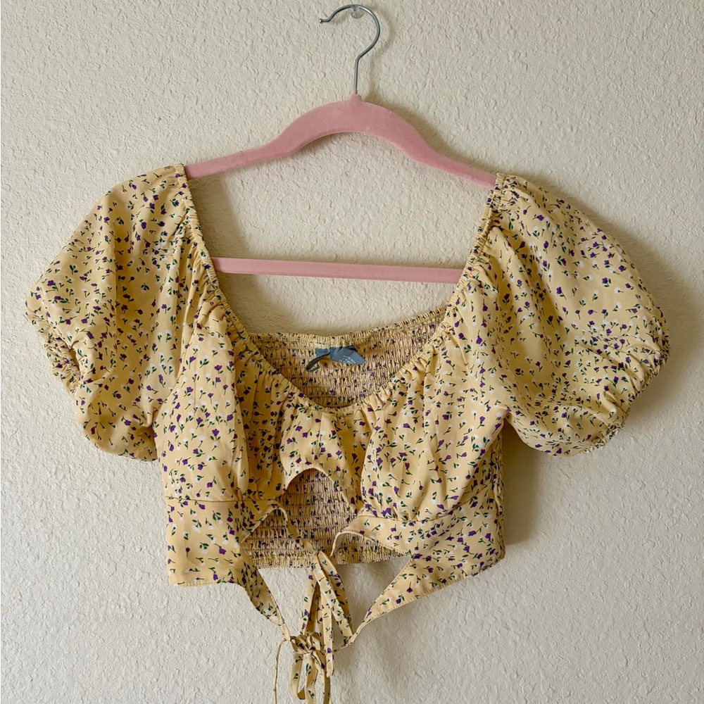 Yellow Floral Tie-Front Crop Top - Women's